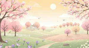 やさしい桜の風景のフリー素材｜かわいい春の背景イラスト（JPG）