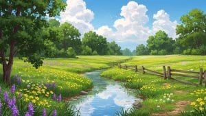 青空と小川が広がる草原の風景イラスト｜草原 フリー素材（無料）