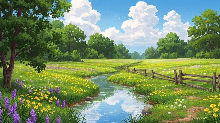 青空と小川が広がる草原の風景イラスト｜草原 フリー素材（無料）