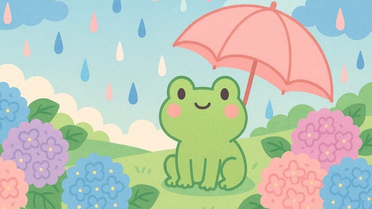 カエルと紫陽花の雨の日イラスト（梅雨の風景）