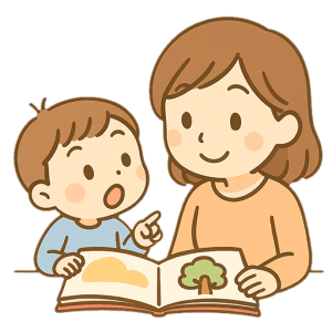 親子で絵本を読むイラスト素材（読み聞かせ・学びの時間）