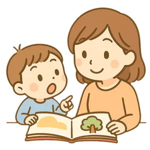 親子で絵本を読むイラスト素材（読み聞かせ・学びの時間）
