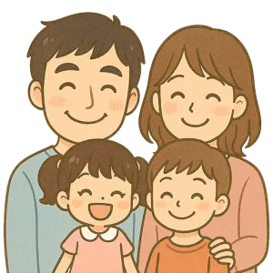 父親と母親、男の子と女の子の4人家族が並んで笑顔を見せているイラスト。丸みのある線とやわらかい色合いの手書き風デザイン
