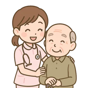 高齢者をサポートする女性看護師のイラスト（背景透過）