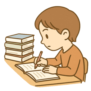 勉強する男の子のイラスト素材（机と本・学習シーン）