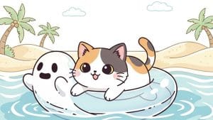 浮き輪でぷかぷか♪海で遊ぶ三毛猫ちゃん