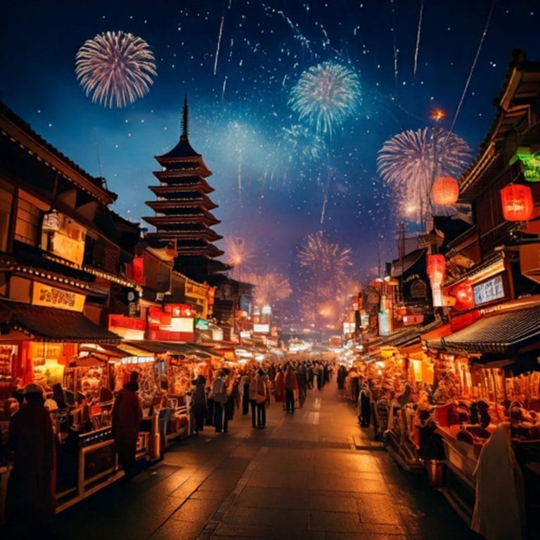 夜のお祭りの無料イラスト素材｜花火・屋台・五重塔が美しい和風夜景（JPG）