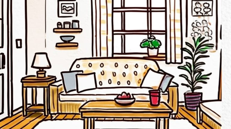 ソファとクッション、ローテーブル、観葉植物が配置されたリビングルームのイラスト。手書き風でやさしい色合いの室内デザイン