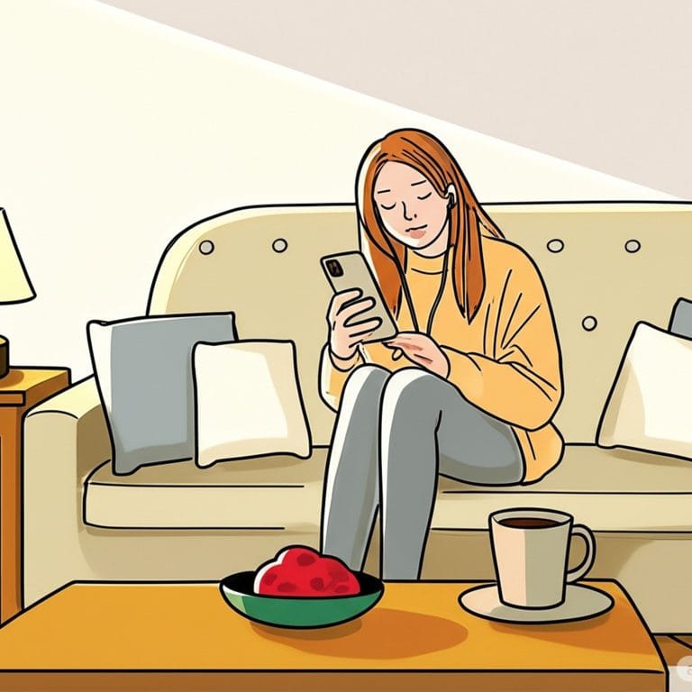 ソファに座りスマートフォンを見る女性のイラスト。クッションやテーブル、コーヒーカップがある手書き風の室内デザイン