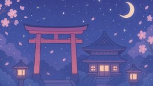 夜の神社イラストの無料素材｜星空・桜・鳥居がかわいい和風背景（JPG）