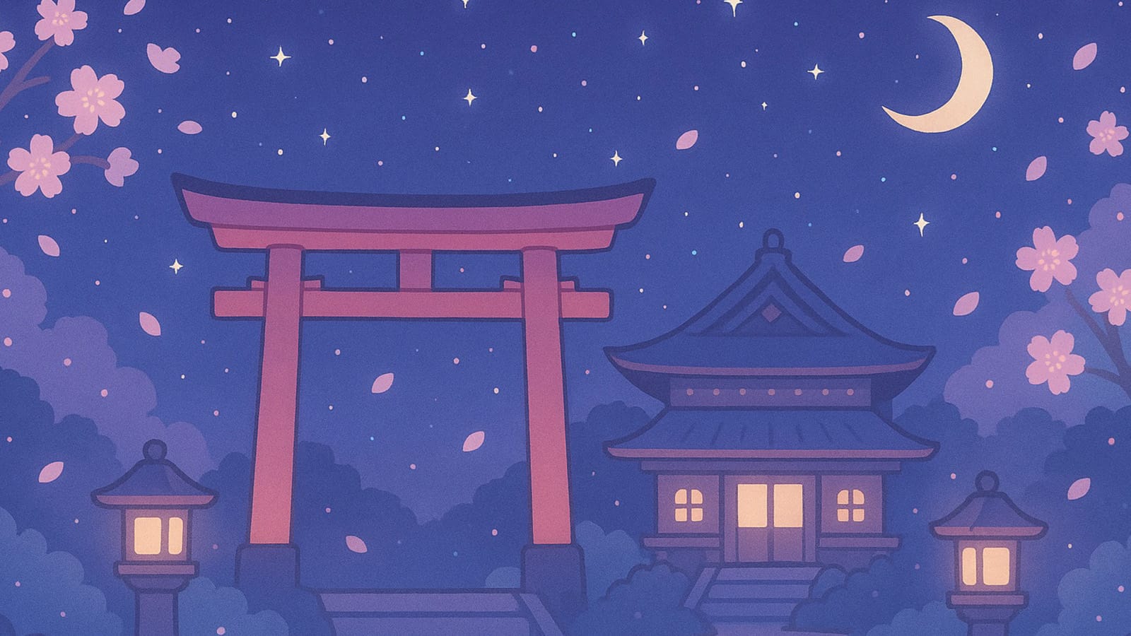 夜の神社イラストの無料素材｜星空・桜・鳥居がかわいい和風背景（JPG）