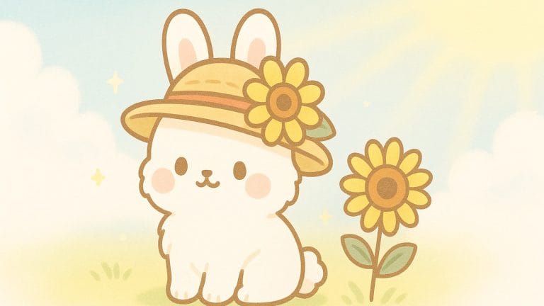 ひまわり畑で夏を楽しむ白ウサギのイラスト