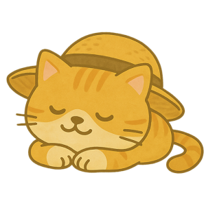 麦わら帽子をかぶって昼寝するねこのイラスト素材（背景透過PNG）