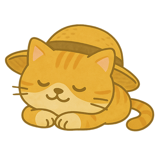 麦わら帽子をかぶって昼寝するねこのイラスト素材（背景透過PNG）