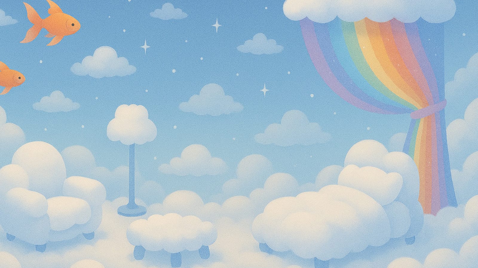 雲の上のふわふわルームと虹のカーテン背景イラスト