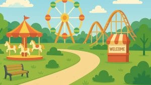 観覧車とメリーゴーランドの遊園地背景素材（JPG形式・高解像度）