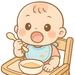 離乳食を食べる赤ちゃんのかわいいイラスト素材（ごはんタイム）