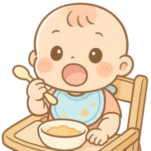 離乳食を食べる赤ちゃんのかわいいイラスト素材（ごはんタイム）