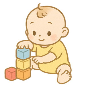 積み木で遊ぶ赤ちゃんのかわいいイラスト素材（背景透過PNG）