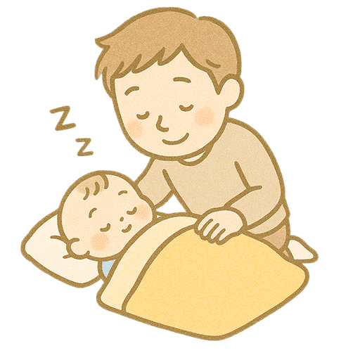 赤ちゃんを寝かしつけるお父さんの育児イラスト（背景透過PNG）