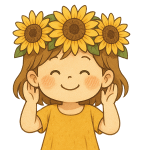 ひまわりの花冠をつけた笑顔の女の子イラスト（背景透過PNG）