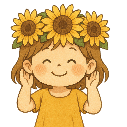 ひまわりの花冠をつけた笑顔の女の子イラスト（背景透過PNG）