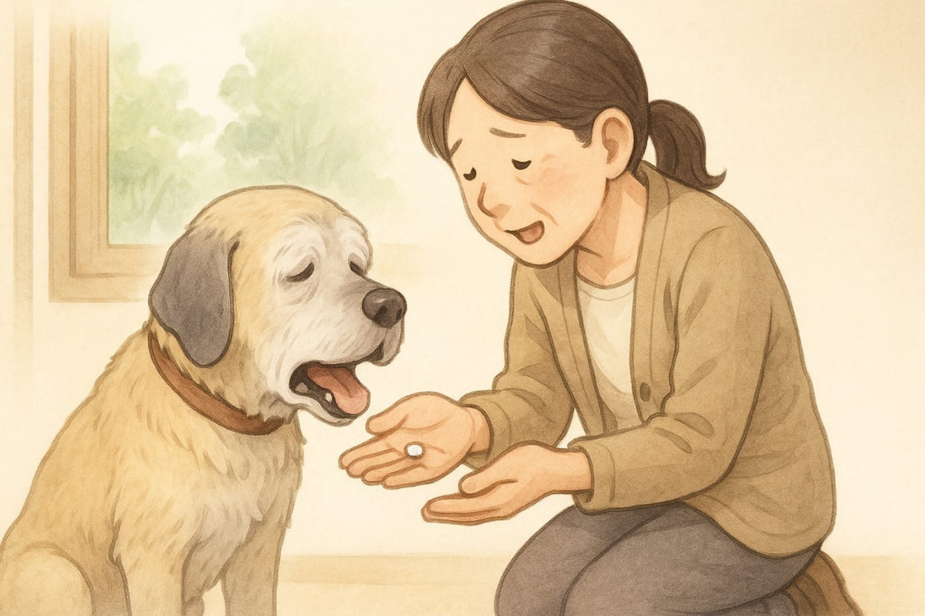 老犬に薬をあげる女性のイラスト素材（JPG形式・高解像度）