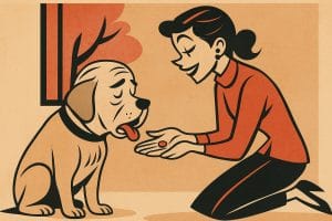 老犬に薬を与える女性の介護イラスト（JPG形式・レトロ風）