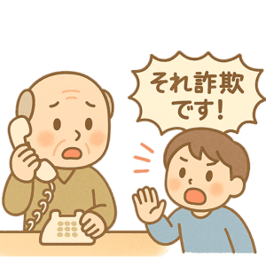 「それ詐欺です！」と注意するイラスト素材（背景透過PNG）