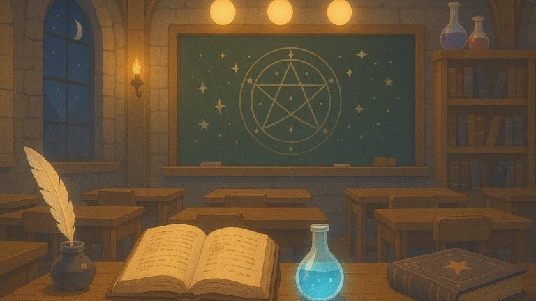 魔法学校の教室風ファンタジー背景イラスト（夜の授業）