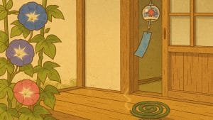 朝顔と風鈴が揺れる縁側の夏背景（JPG形式・高解像度）