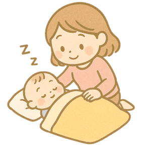 赤ちゃんを寝かしつけるお母さんの育児イラスト（背景透過PNG）