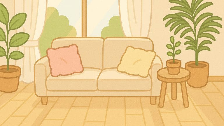 日差しが差し込むナチュラルなリビング背景イラスト(JPG)