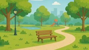 芝生と遊具のある公園風景イラスト素材（ベンチ付き）