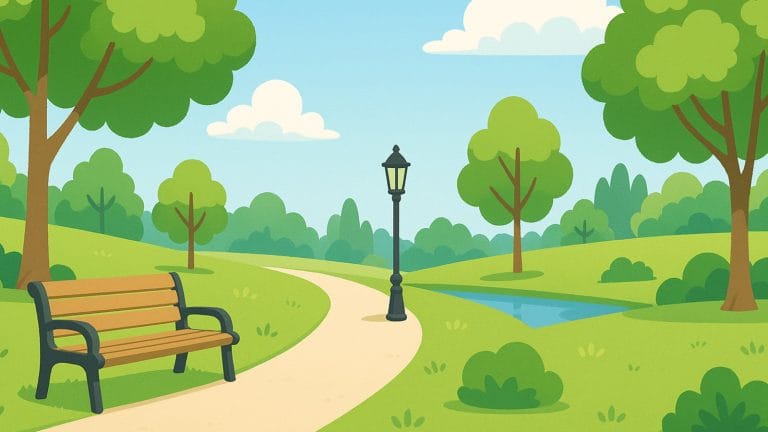 明るい公園風景のイラスト素材（ベンチと遊歩道）