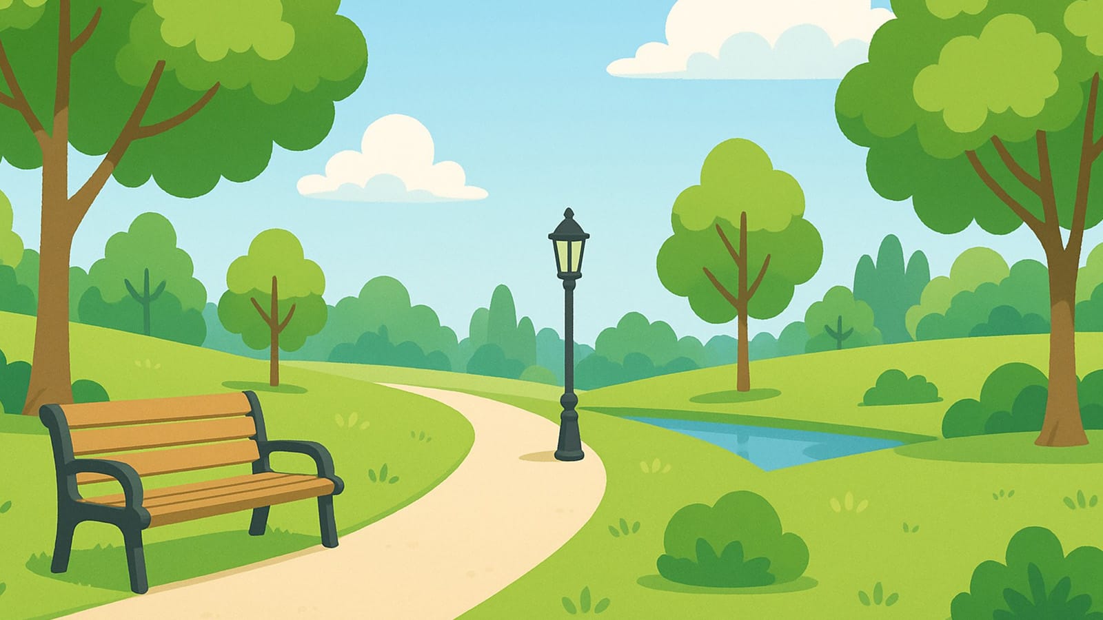 明るい公園風景のイラスト素材（ベンチと遊歩道）