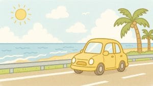 海辺を走るドライブ風景イラスト（JPG形式・高解像度）