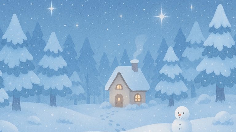 きらめく雪と小屋のファンタジー背景イラスト（冬の森）