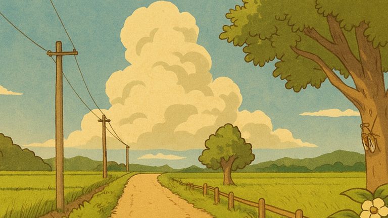 夏の田舎道と入道雲の風景イラスト素材（JPG形式・高解像度）