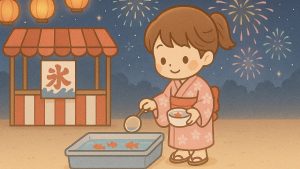浴衣姿の女の子と金魚すくいの夏祭りイラスト（背景付き）