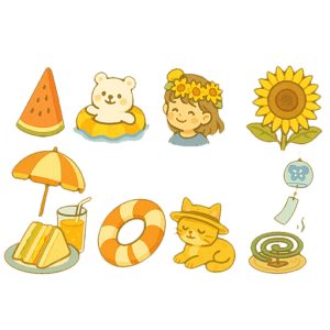 夏の手描き風アイコン素材セット（背景透過PNG・512×512）
