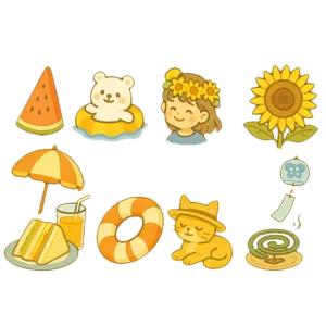 夏の手描き風アイコン素材セット（背景透過PNG・512×512）