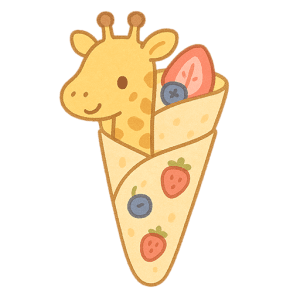 フルーツクレープになったキリンのゆるかわイラスト素材（背景透過PNG）