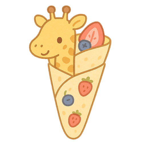 フルーツクレープになったキリンのゆるかわイラスト素材（背景透過PNG）