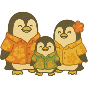 アロハシャツを着たペンギンの家族イラスト素材（背景透過PNG）