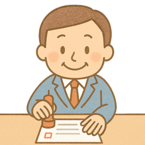 契約書に印鑑を押す男性のフリーイラスト素材（背景透過・PNG形式）