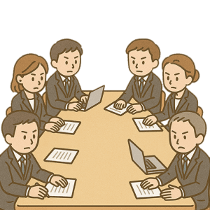 真剣な表情のビジネス会議イラスト（背景透過PNG形式）