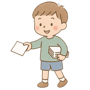 プリントを配る男の子のイラスト素材（背景透過PNG）