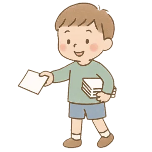 プリントを配る男の子のイラスト素材（背景透過PNG）