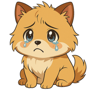 泣いているふわふわポメラニアンのアニメ風イラスト素材（背景透過PNG）